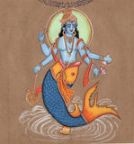 Vishnu Matsya Painting Handmade Hindu God Fish Incarnation Avatar Watercolor Art