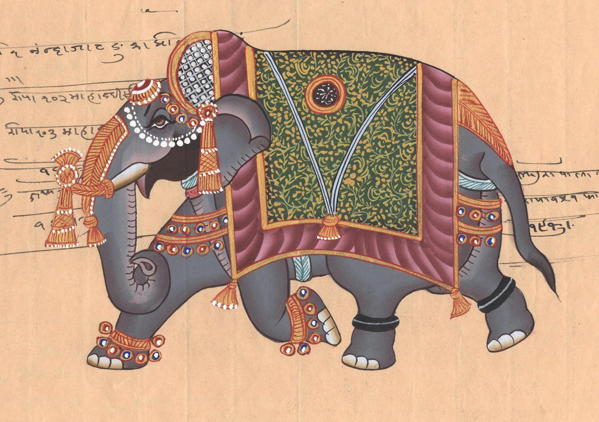 Handmade Indian Elephant Painting Vintage Stamp Paper India Animal Eth ...
