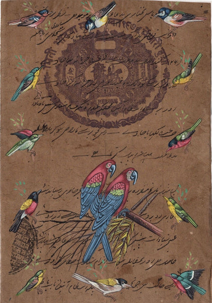 Indian Parrot Birds Miniature Painting Stamp Paper Handmade Watercolor Folk Art