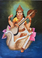 Hindu Goddess Saraswati Painting Handmade Indian Religious Oil on Canvas Artwork