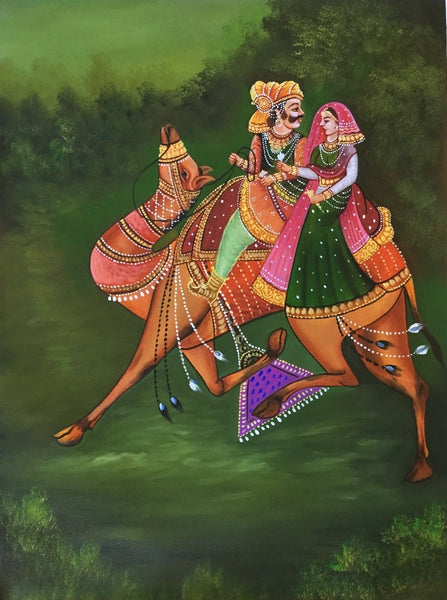 Rajasthan Folk Painting Handmade Dhola Maru Indian Ethnic Decor Canvas Oil Art