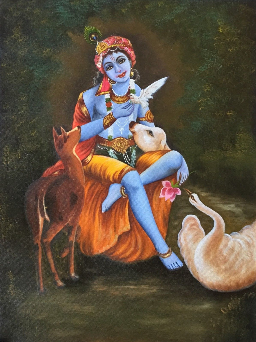 Krishna Handmade Decor Art Indian Hindu Deity Portrait Oil on Canvas P ...