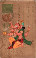 Ganesha Art Handmade Watercolor Miniature Indian Hindu Old Postcard Painting