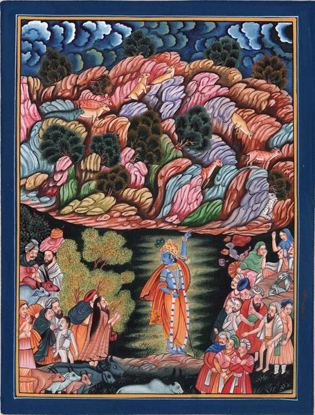 Krishna Art Handpainted Folk Painting of Lord Krishn Lifting Govardhan Mountain