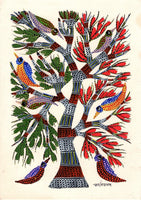 Gond Indian Painting Handmade Tree of Life Tribal Folk Miniature Wall Decor Art