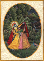 Radha Krishna Painting Handmade Hindu Religious God Goddess Watercolor Folk Art