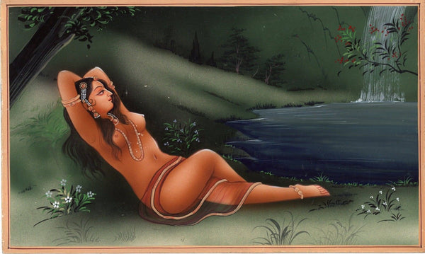 Indian Miniature Art Handmade Erotic Portrait Watercolor Ethnic Woman Painting