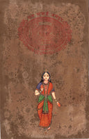Subhadra Hindu Painting Handmade Indian Goddess Old Stamp Paper Watercolor Art