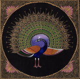 Handmade Indian Peacock Painting Feather Pattern Watercolor Silk Decor Artwork