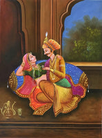Rajasthani Prince Princess Painting Handmade Indian Royalty Canvas Oil Decor Art