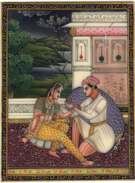 Mughal Painting Handmade Miniature Moghul Watercolor Romantic Indian Ethnic Art