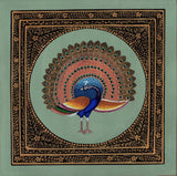 Indian Peacock Bird Miniature Painting Handmade Nature Old Stamp Paper Decor Art