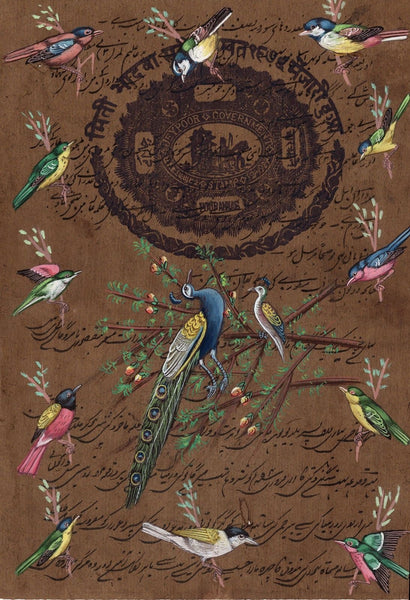 Indian Bird Miniature Painting Stamp Paper Handmade Peacock Ethnic Folk Artwork