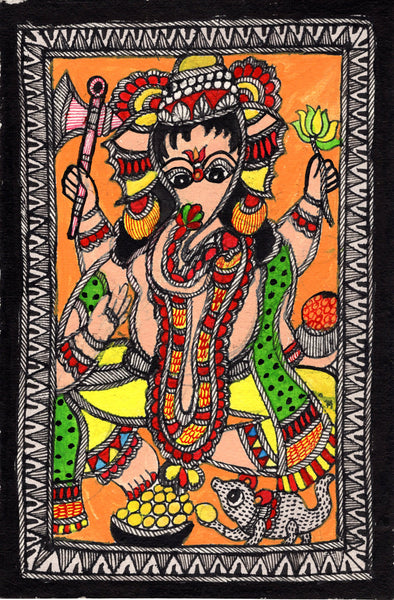 Madhubani Ganesha Indian Tribal Folk Art Handmade Mithila Bihar Ethnic Painting